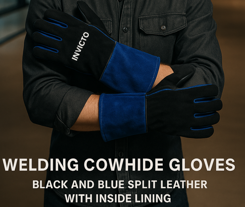 Invicto Gloves Welding Cowhide Black And Blue Split Leather With Inside Linning 16" Made In Pakistan